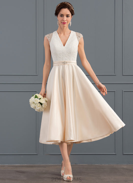 With Jamya Wedding Dresses Beading Wedding V-neck Sequins Satin Tea-Length Dress A-Line