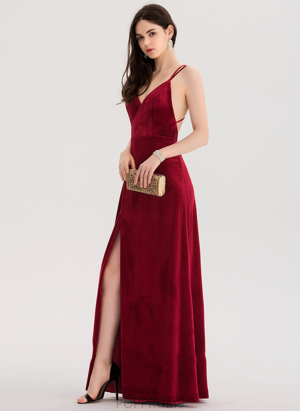 With Split Floor-Length A-Line Malia Velvet V-neck Front Prom Dresses