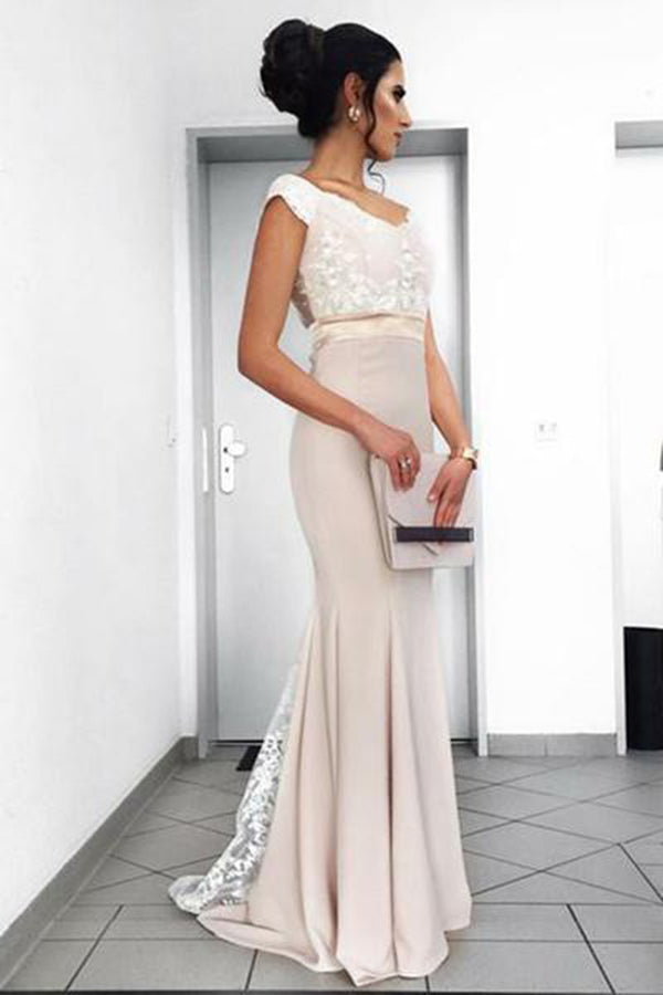 Delicate Mermaid Cap Sleeves Lace Open Back Floor Length Long Prom Dresses