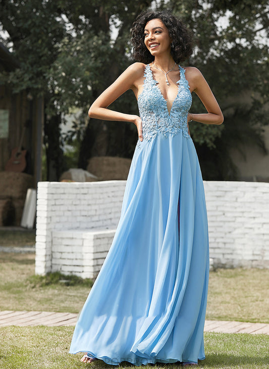 With Lace Floor-Length A-Line Veronica V-neck Prom Dresses Chiffon