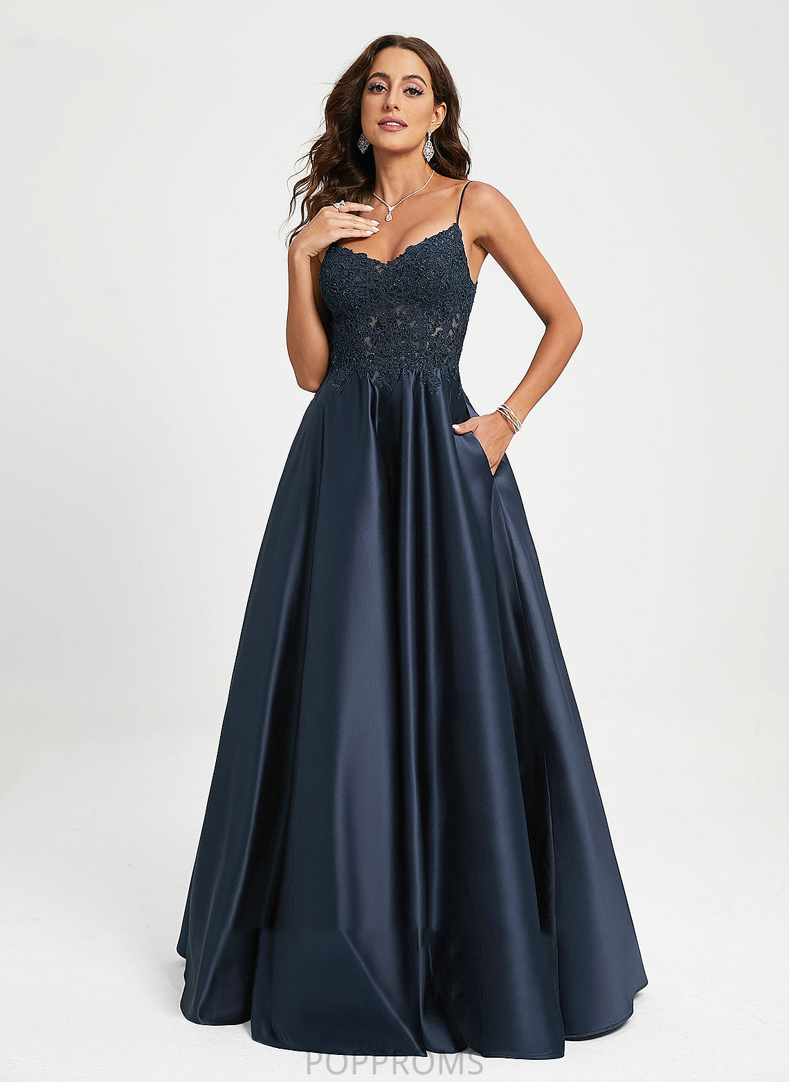 Sequins A-Line Lace Floor-Length Prom Dresses V-neck Henrietta Satin With