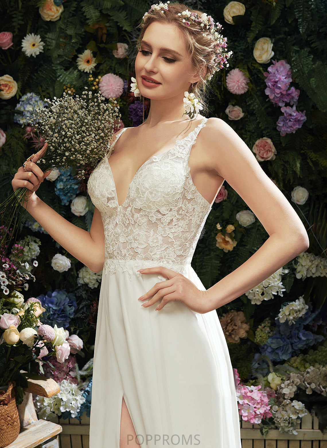 Wedding Wedding Dresses Floor-Length Split Lace With Kristin Dress Front V-neck Chiffon A-Line Lace