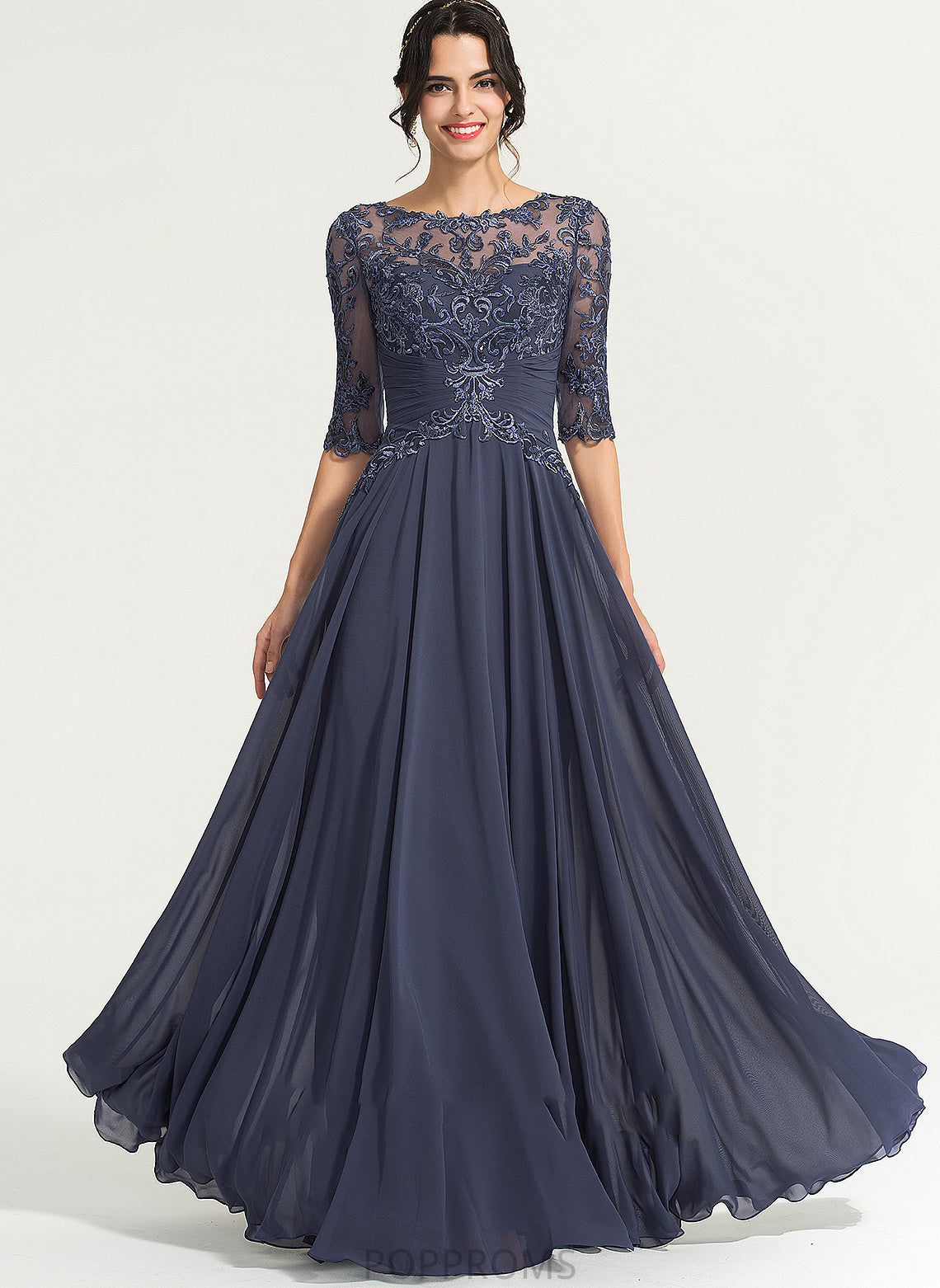 Floor-Length Scoop Sequins Chiffon A-Line Mattie With Prom Dresses Neck