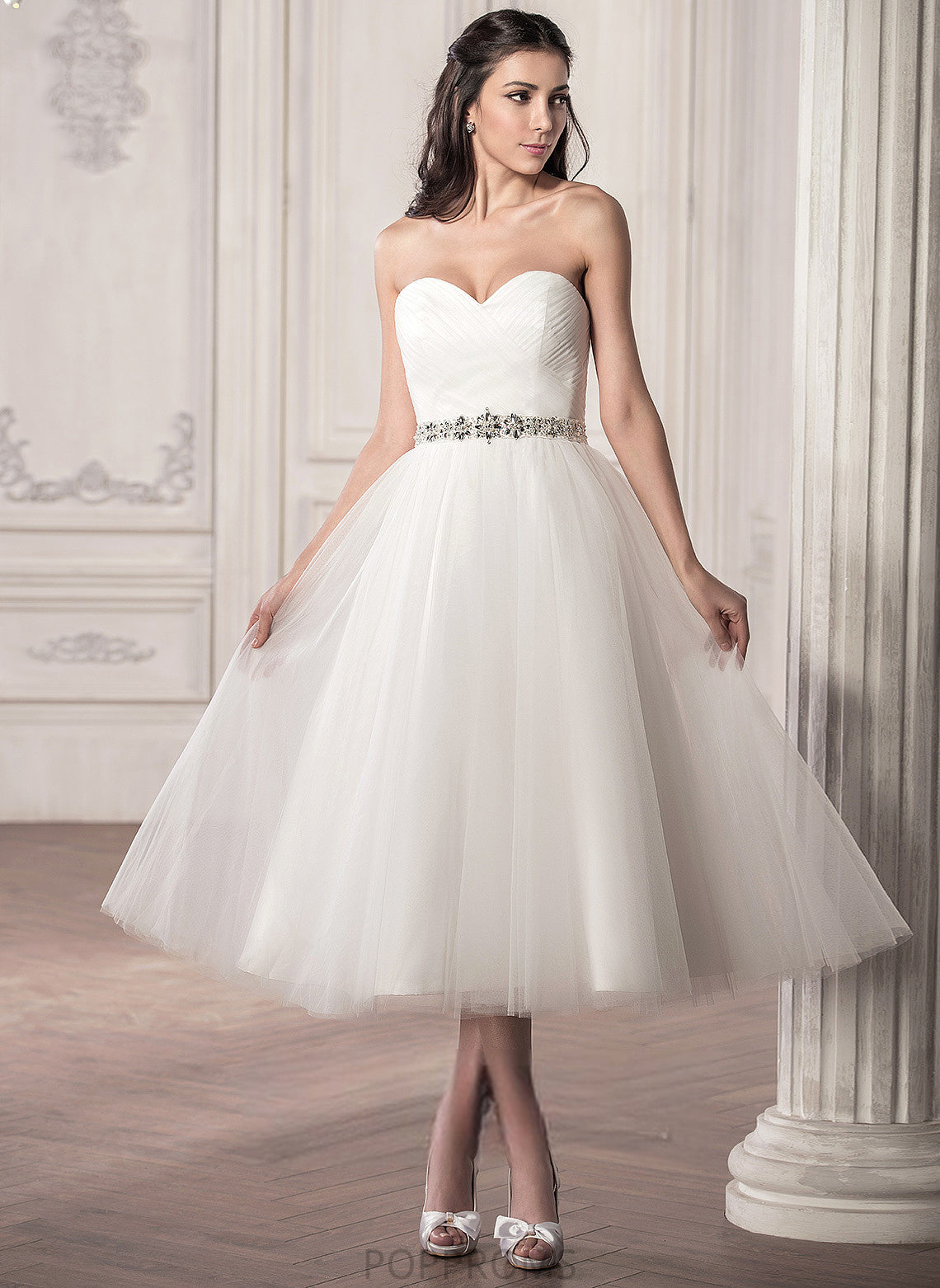 With Sequins Tulle Wedding Wedding Dresses Sweetheart Ruffle Tea-Length Dress Satin A-Line Abbigail Beading