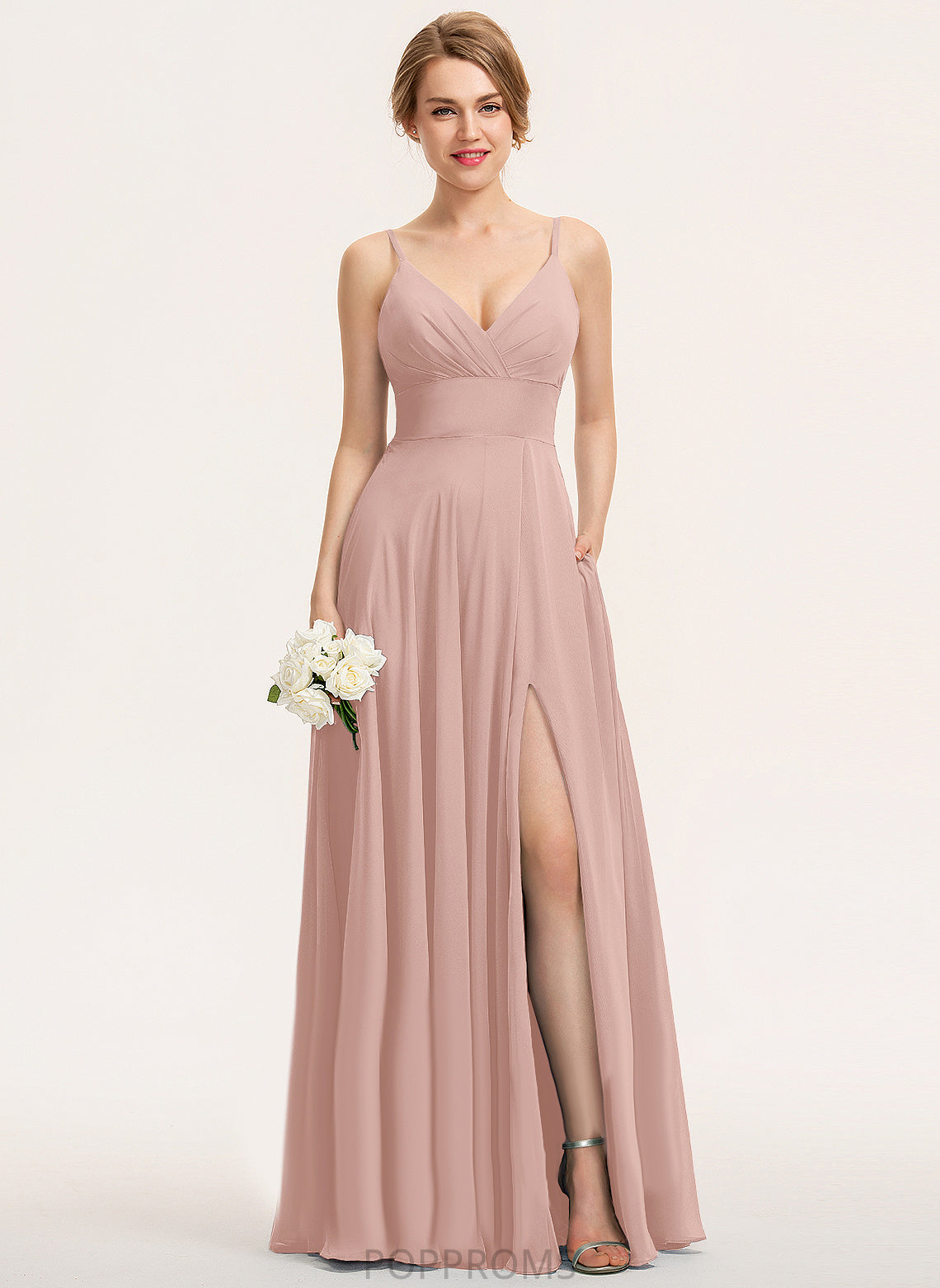 A-Line Skylar V-neck Floor-Length Chiffon Prom Dresses With Pleated