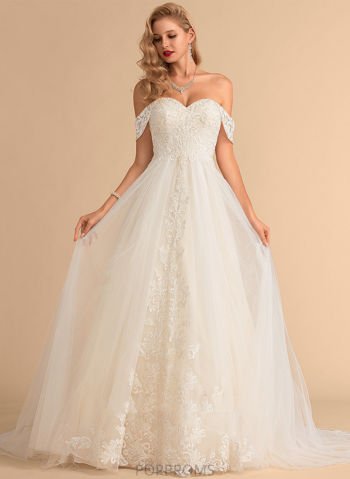 Ball-Gown/Princess Sequins Wedding Dresses Dress With Lace Off-the-Shoulder Brynn Wedding Train Tulle Court