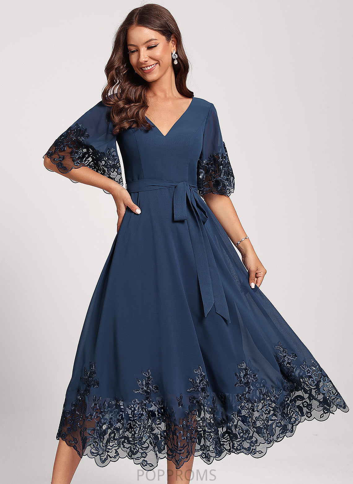 Cocktail Tea-Length Lace With Dress Sequins Club Dresses Chiffon Diya A-Line V-neck