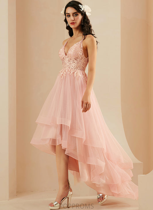 Tulle Jode V-neck Asymmetrical Lace With Prom Dresses Ball-Gown/Princess