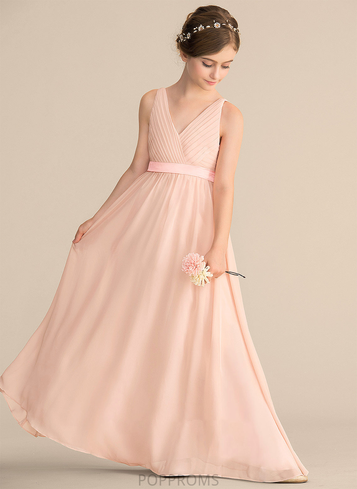 With Ruffle Floor-Length Bow(s) Junior Bridesmaid Dresses Chiffon A-Line V-neck Monserrat