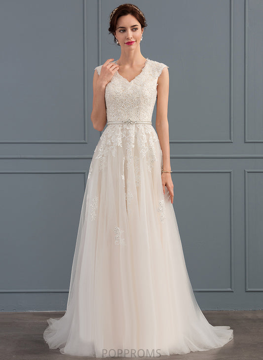 Sweep V-neck A-Line Train With Beading Wedding Tulle Wedding Dresses Bow(s) Dress Sequins Yuliana Lace