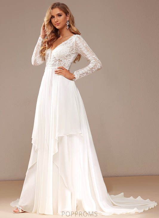 Court Chiffon A-Line Lace Dress Wedding Dresses Wedding Ruffle Lace V-neck Train With Selina