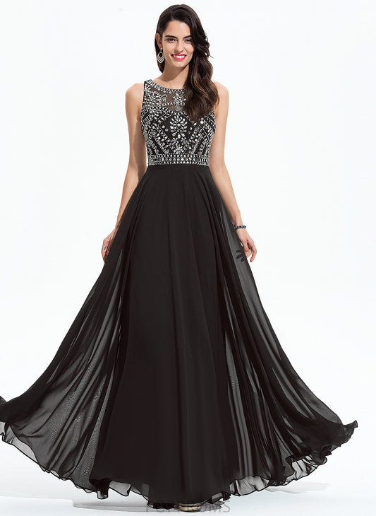 With A-Line Floor-Length Melany Chiffon Sequins Scoop Prom Dresses Beading