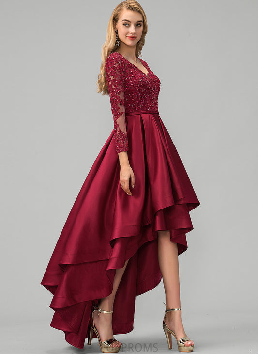 V-neck Beading Barbara Prom Dresses Satin Ball-Gown/Princess With Sequins Asymmetrical Lace