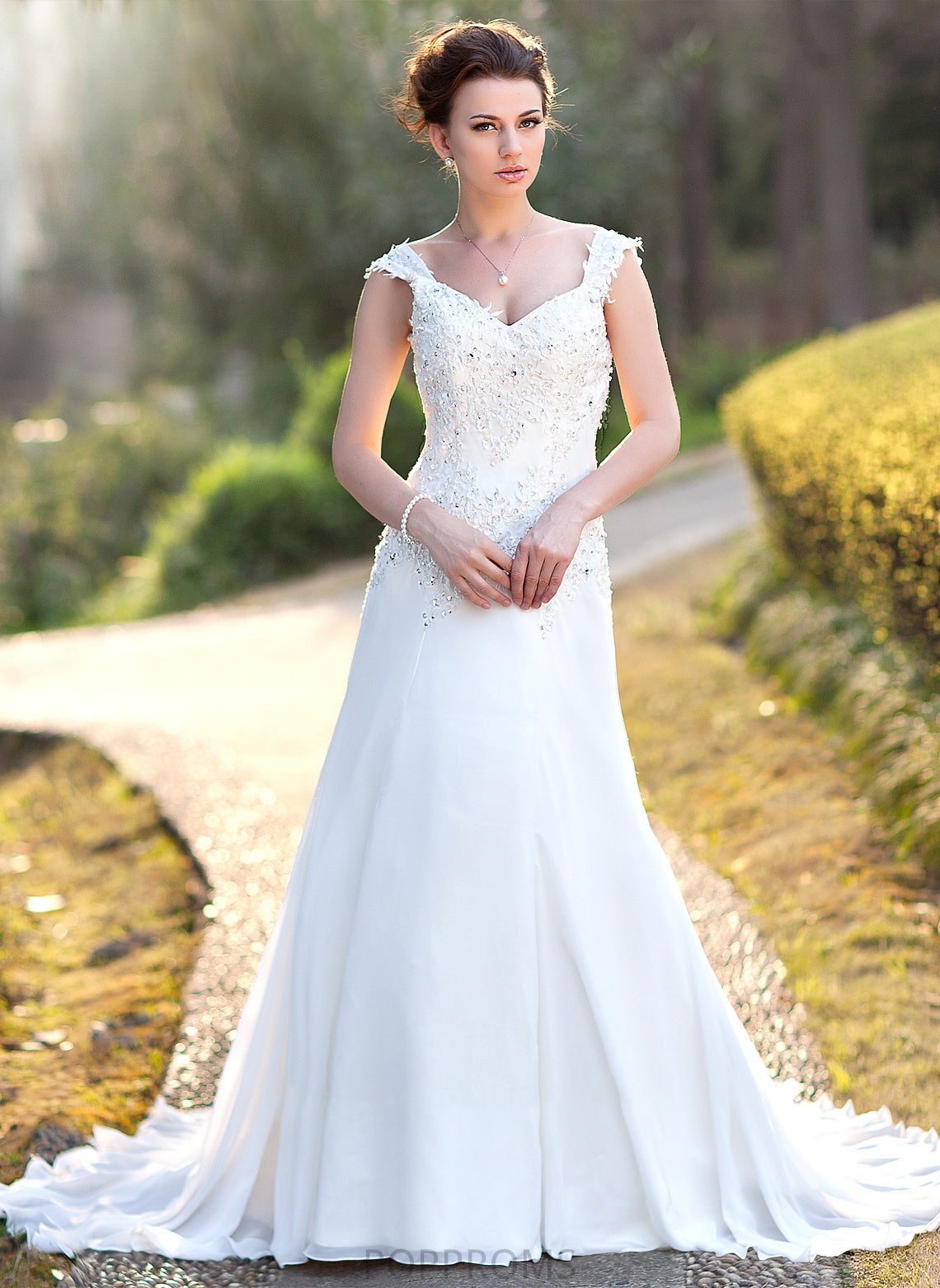 Train Lace A-Line Wedding Dresses Wedding Chiffon Beading With Court V-neck Alma Dress Sequins