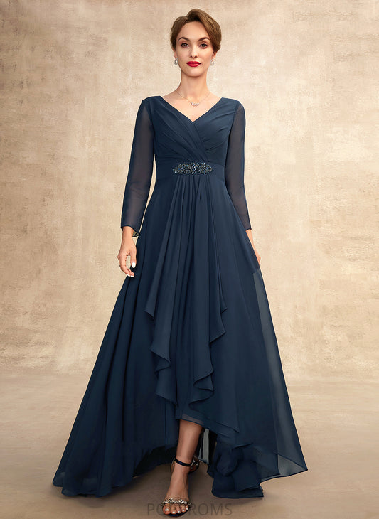 Ruffle Asymmetrical Chiffon the Mother of the Bride Dresses Dress Beading With Leah V-neck Bride of A-Line Mother Bow(s)