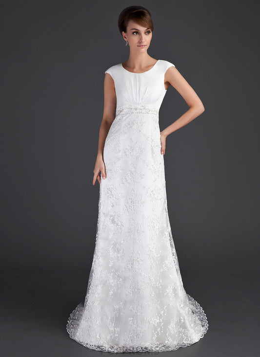 Ruffle Sheath/Column Court With Wedding Scoop Lace Wedding Dresses Beading Rosa Dress Train Neck