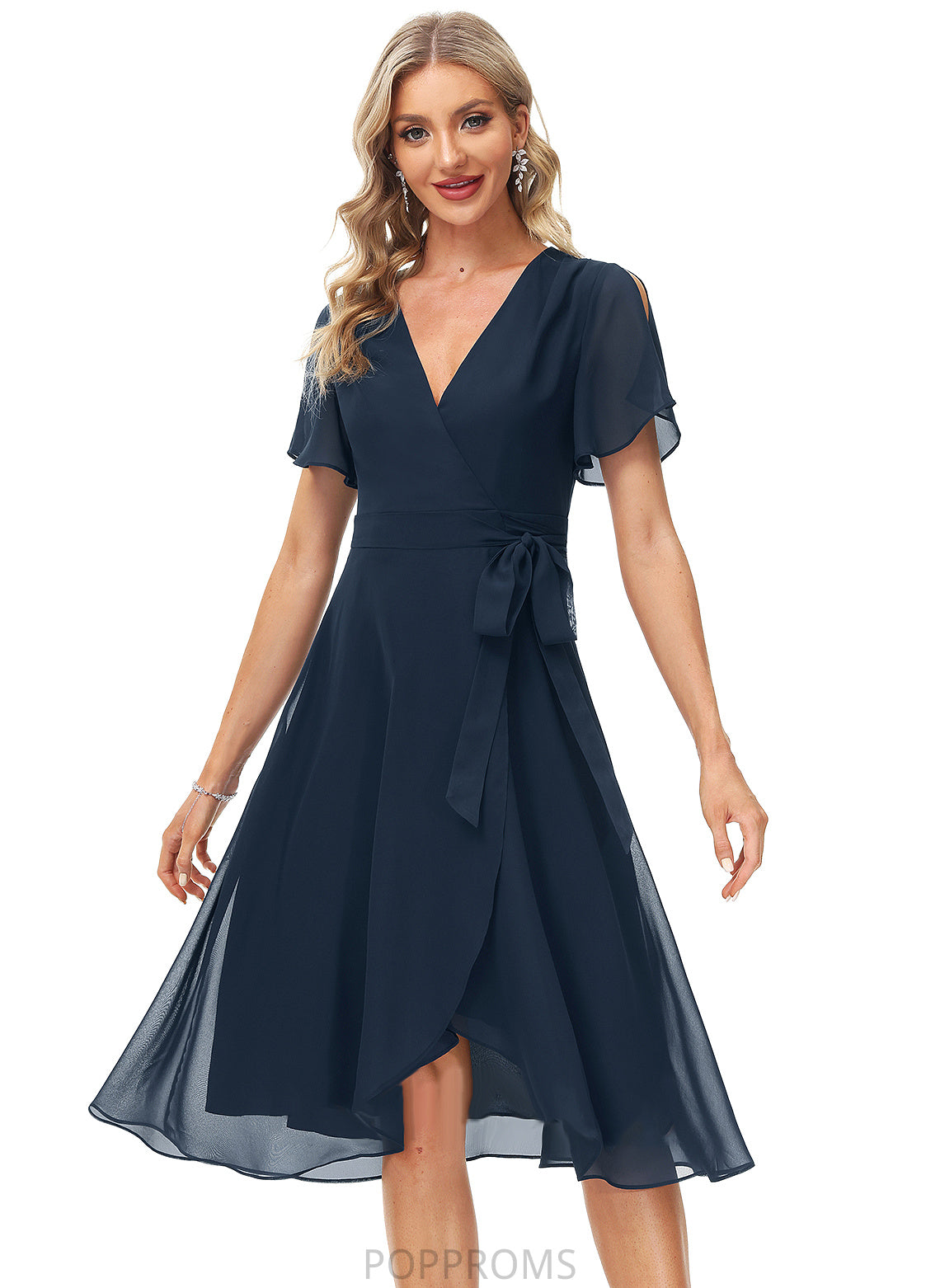 Jasmine Chiffon With Sash Knee-Length Cocktail Dresses A-Line Cocktail Dress V-neck