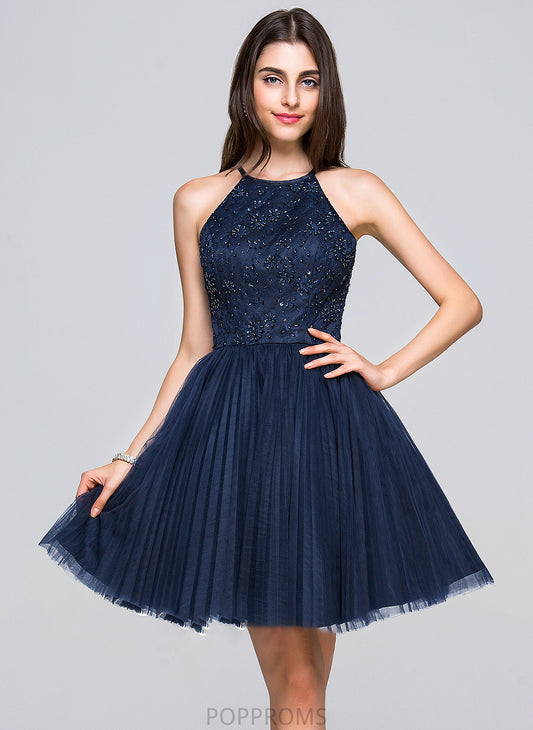 Pleated With Mavis Neck Bow(s) A-Line/Princess Prom Dresses Short/Mini Scoop Sequins Beading