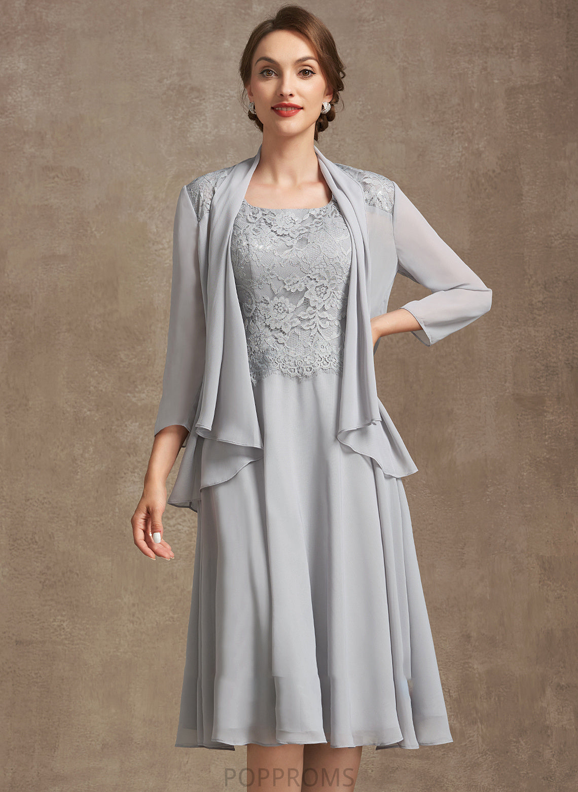 Neckline Dress the Square Knee-Length Caroline Bride of A-Line Chiffon Lace Mother of the Bride Dresses Mother