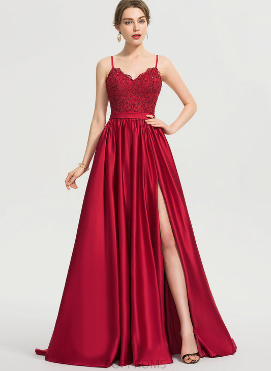 V-neck Satin Keyla With Sequins Sweep Ball-Gown/Princess Train Prom Dresses Beading Lace