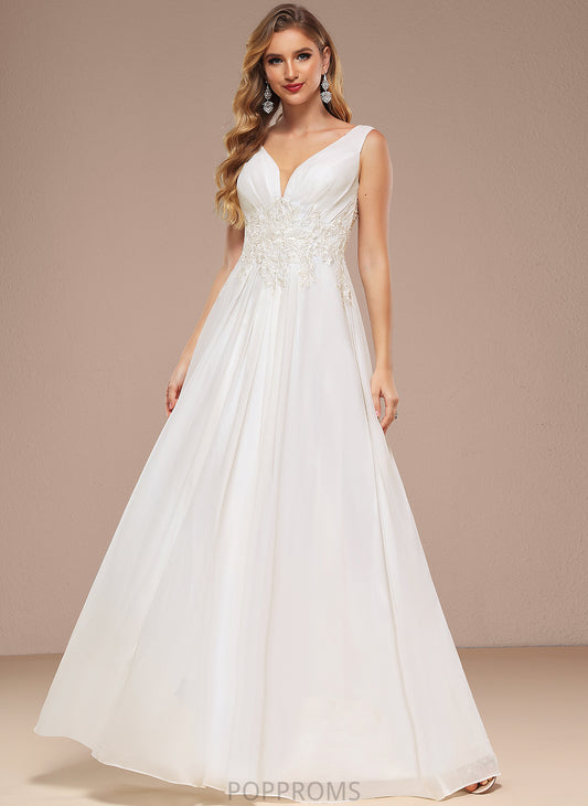 Chiffon A-Line Wedding Dresses Sarai Wedding Lace Dress Sequins V-neck With Floor-Length