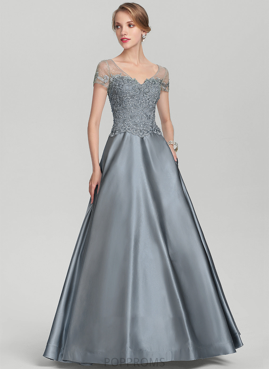 Bride the Helen V-neck A-Line Mother of the Bride Dresses Beading of With Dress Sequins Satin Mother Floor-Length Lace