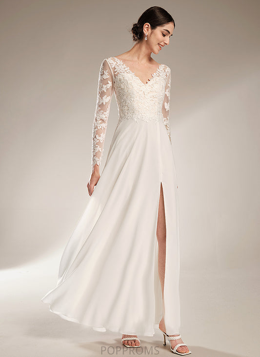 Split Wedding Dresses A-Line Wedding Dress Floor-Length With Lace V-neck Front Chiffon Shiloh