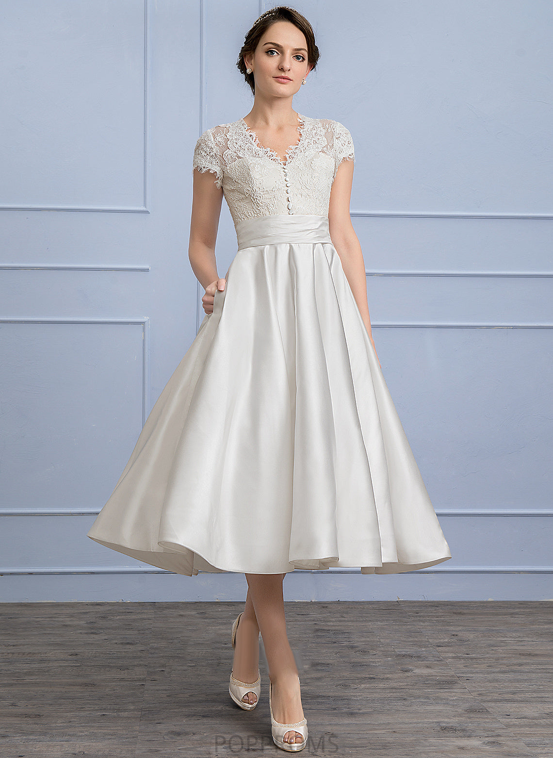 Tea-Length Maci Dress V-neck Ruffle Wedding With Wedding Dresses A-Line Lace Satin