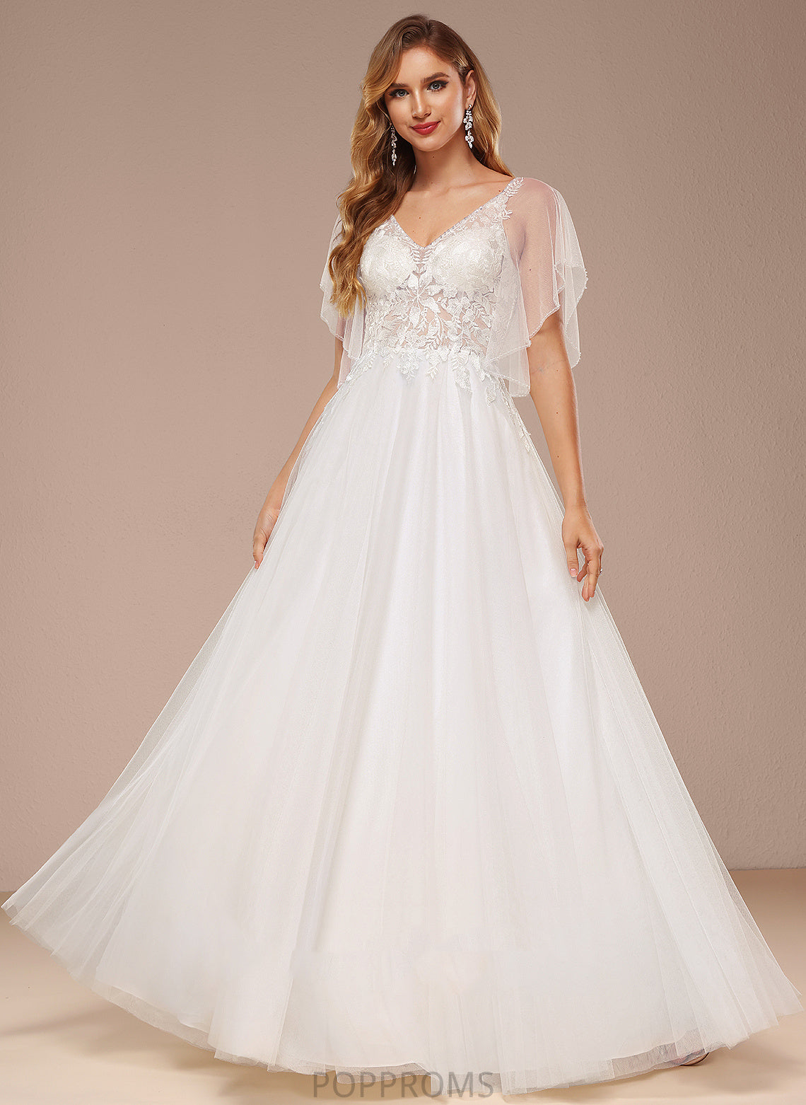 With V-neck Floor-Length Lace Tulle Alannah Ruffle A-Line Wedding Sequins Dress Wedding Dresses