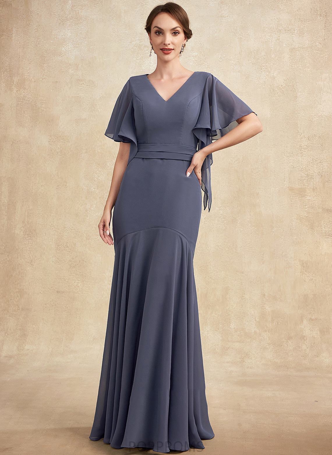 Floor-Length the Mother of the Bride Dresses of Mother Mandy Bride V-neck Dress Chiffon Trumpet/Mermaid