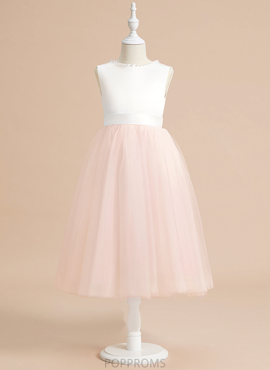 Tea-length Flower With Scoop Dress A-Line Satin/Tulle Neck - Sleeveless Beading/Bow(s) Flower Girl Dresses Sanaa Girl