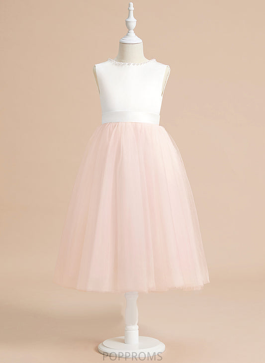 Tea-length Flower With Scoop Dress A-Line Satin/Tulle Neck - Sleeveless Beading/Bow(s) Flower Girl Dresses Sanaa Girl