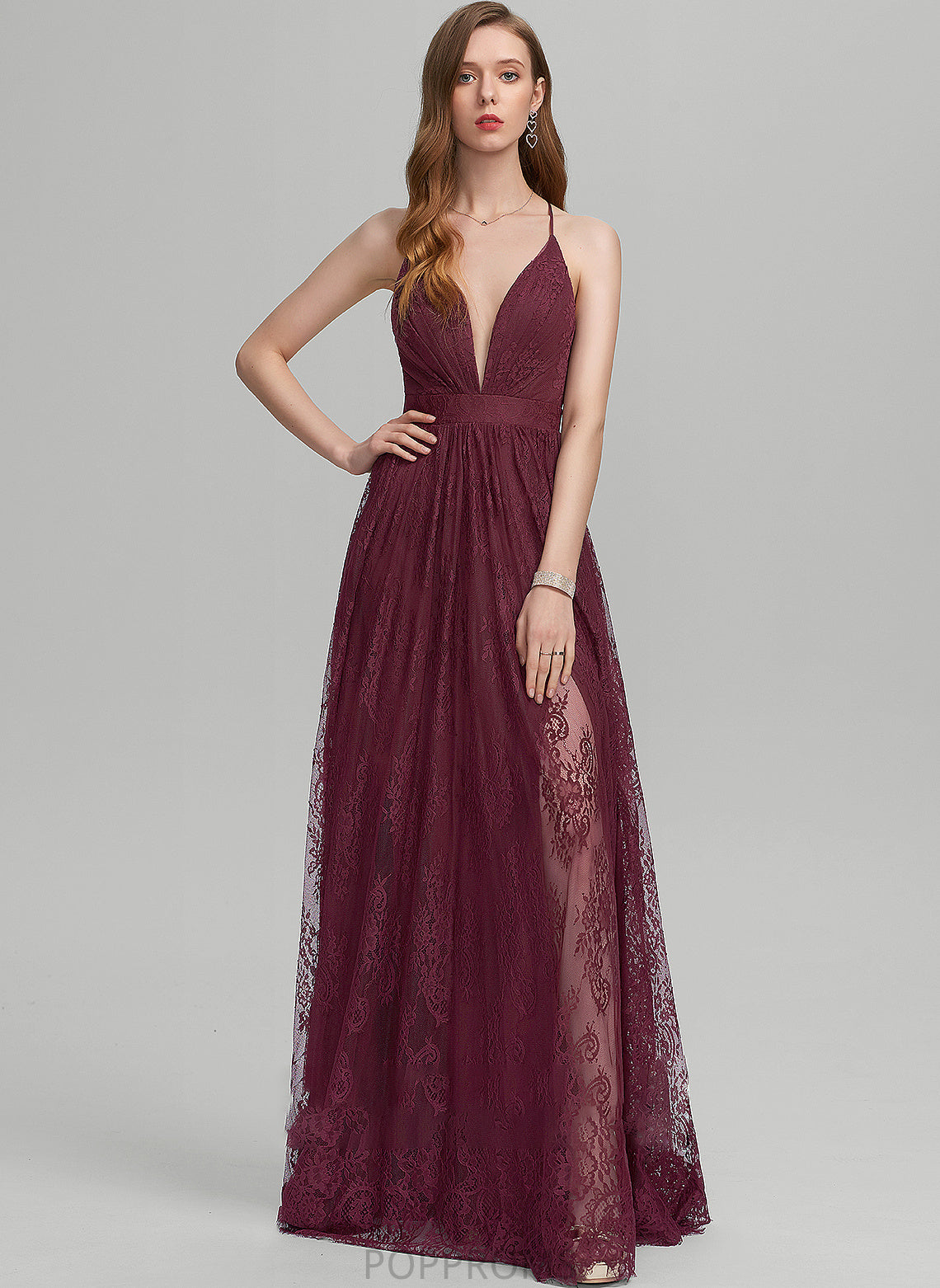 With Lailah Floor-Length A-Line Split Lace Front Prom Dresses V-neck