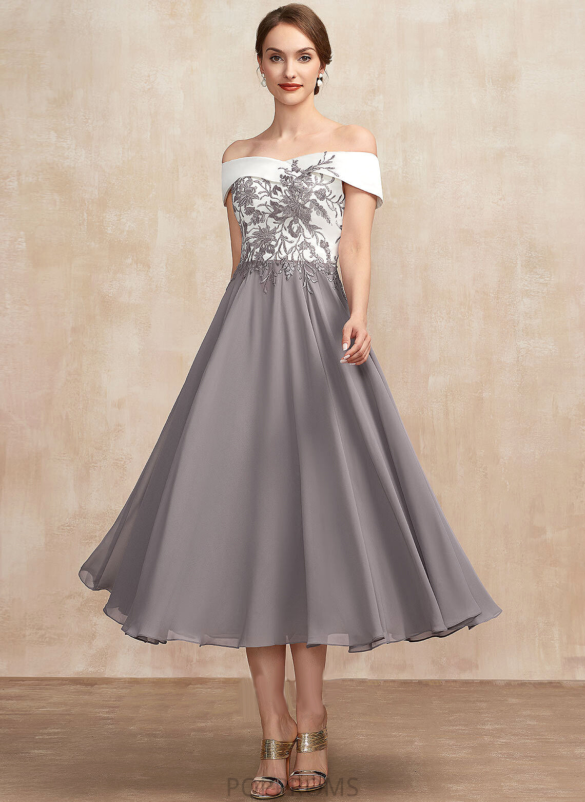 Dress Mother of the Bride Dresses the Mother Chiffon Lace Tea-Length A-Line Bride of Off-the-Shoulder Teresa