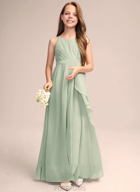 With Ruffles A-Line Neck Floor-Length Logan Junior Bridesmaid Dresses Chiffon Cascading Scoop