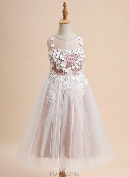 Flower Scoop Tulle Lace/Beading/Flower(s) A-Line Harper - Flower Girl Dresses Girl Sleeveless With Tea-length Dress Neck