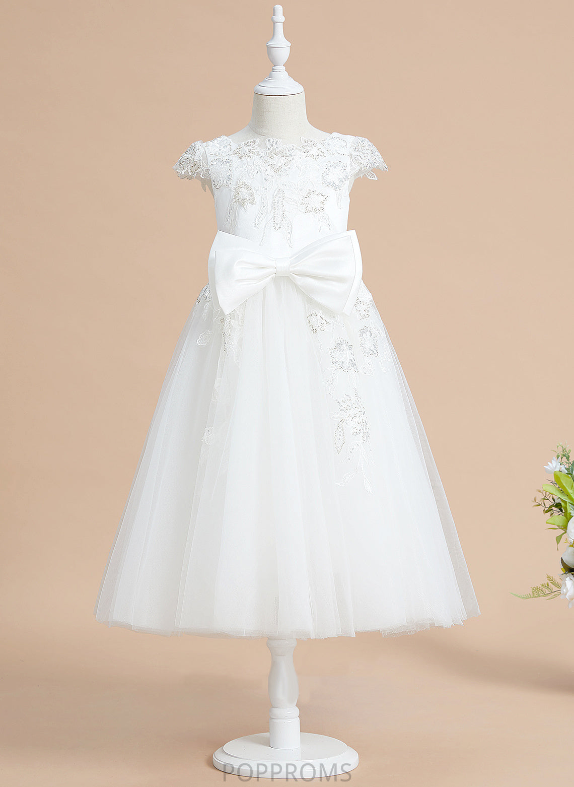 Short Scoop Sequins/Bow(s) Sleeves Dress Tulle/Lace Flower Girl Dresses Girl Neck Flower With A-Line - Tea-length Marina