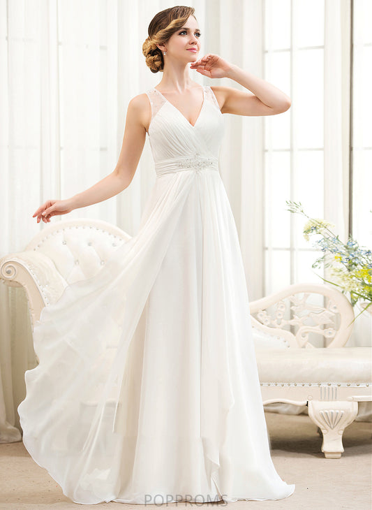 V-neck A-Line Cheyenne Dress With Cascading Wedding Sweep Beading Sequins Chiffon Tulle Wedding Dresses Train Ruffles