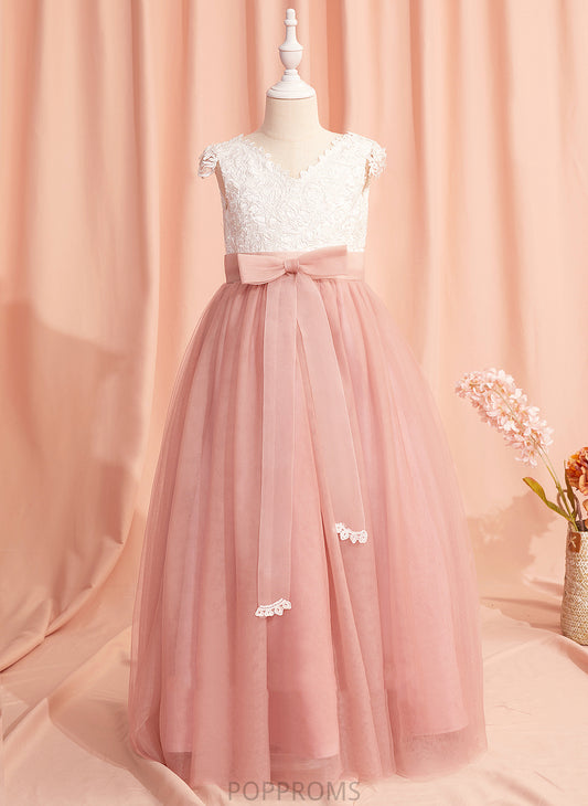 Back Girl With Dress Ball-Gown/Princess Lyric Flower Floor-length V-neck Tulle Sash/Bow(s)/V Short - Sleeves Flower Girl Dresses