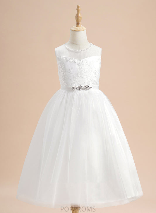 Tea-length Scoop Beading Neck - Hailie With Girl A-Line Dress Flower Tulle Flower Girl Dresses Sleeveless