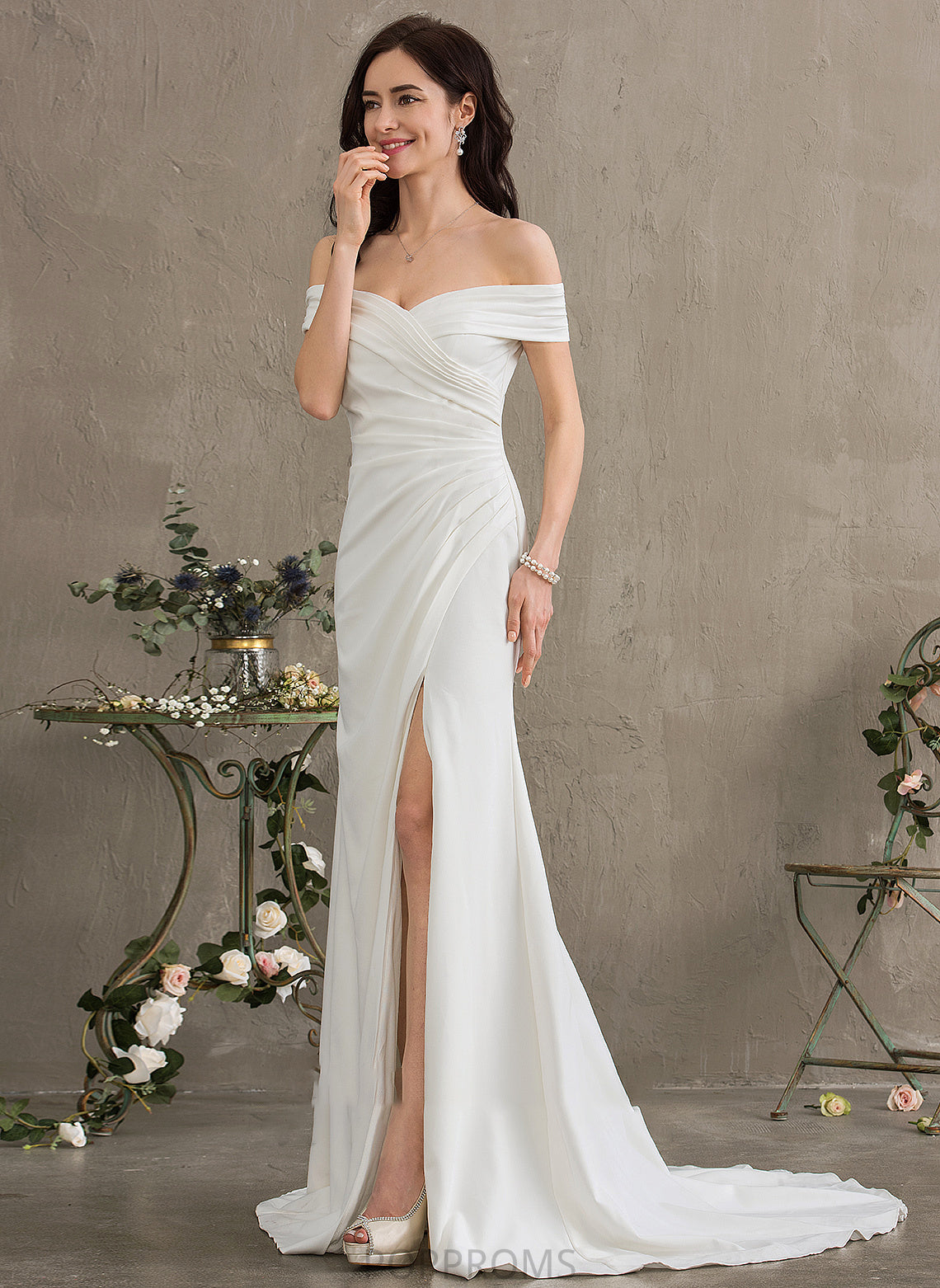 Wedding Dresses Train Front Stretch Split With Ruffle Sheath/Column Wedding Crepe Sweep Dress Abbie Off-the-Shoulder