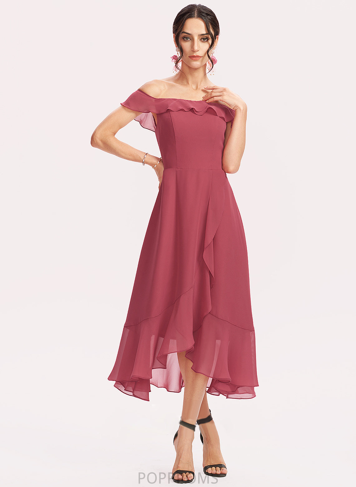 A-Line Neckline Fabric Off-the-Shoulder Length Embellishment CascadingRuffles Tea-Length Silhouette Dayana Sleeveless A-Line/Princess Bridesmaid Dresses