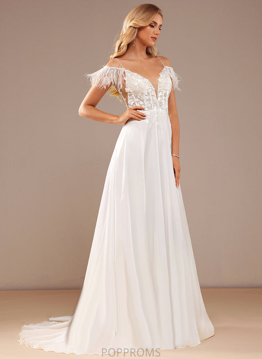 With Wedding Sequins Eliza V-neck Dress Feather Lace Court Chiffon A-Line Pockets Beading Train Wedding Dresses Lace