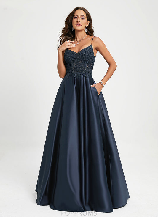 A-Line Satin With Prom Dresses Sequins Lace V-neck Joanne Floor-Length