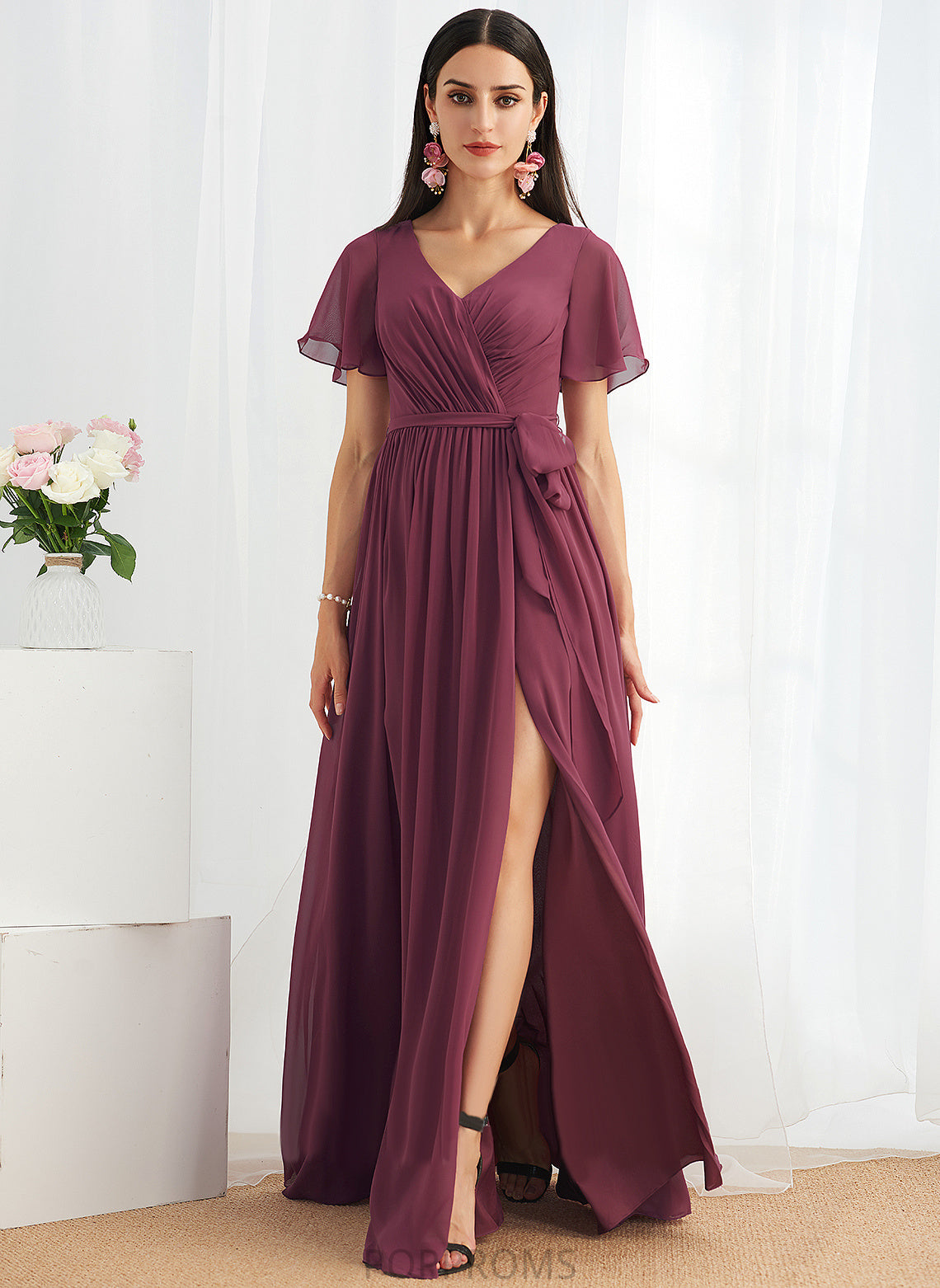 Floor-Length A-Line SplitFront Neckline Fabric V-neck Silhouette Embellishment Length Savanah Scoop Floor Length Bridesmaid Dresses