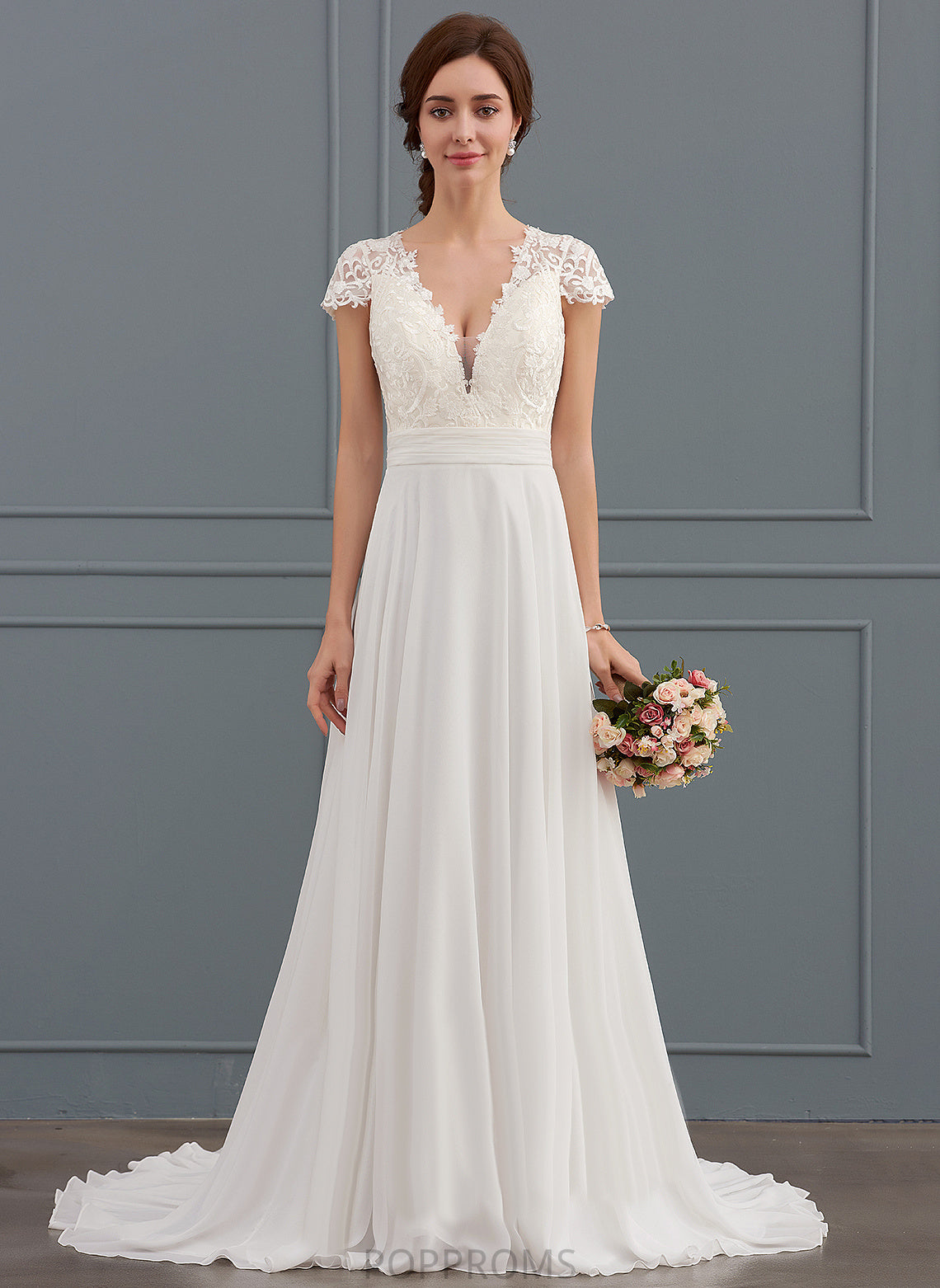 Dress Train With A-Line V-neck Talia Lace Wedding Sweep Chiffon Ruffle Wedding Dresses