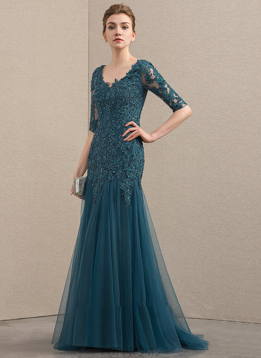 Trumpet/Mermaid Beading With Mother Irene Train V-neck the Mother of the Bride Dresses Dress of Tulle Sequins Sweep Bride Lace