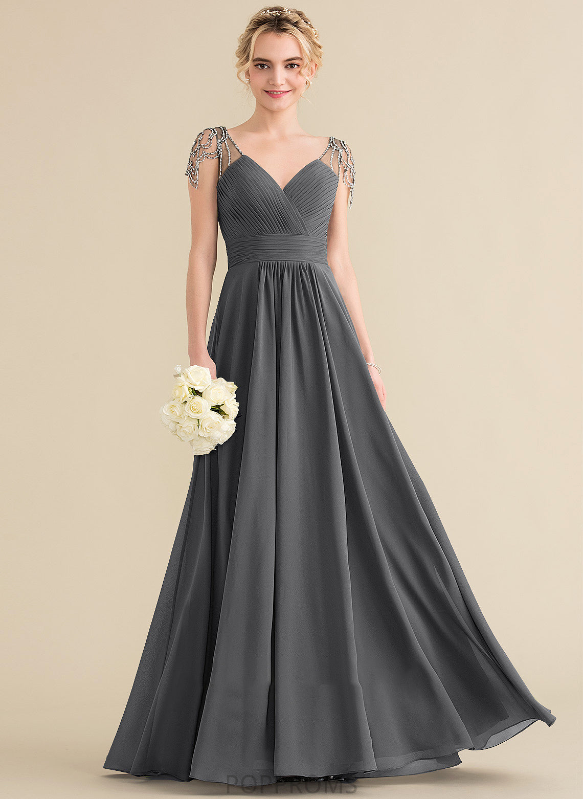 Ruffle Neckline Beading Floor-Length Sequins Length Embellishment Silhouette A-Line Fabric V-neck Elena Bridesmaid Dresses