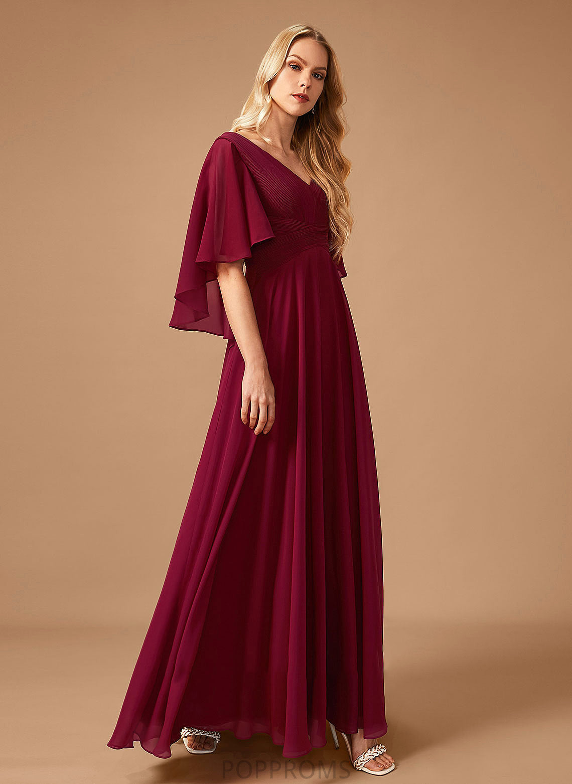 Silhouette Fabric Ruffle Floor-Length Length Neckline A-Line V-neck Embellishment Megan Spaghetti Staps Natural Waist Bridesmaid Dresses