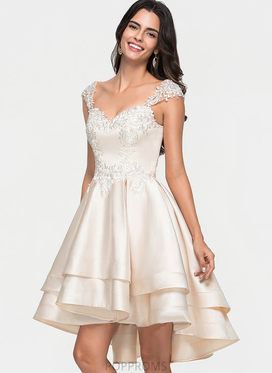 Lace Beading A-Line Satin Ruffles Cascading With Sweetheart Asymmetrical Prom Dresses Marilyn